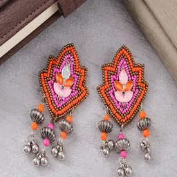 Sangria Silver-Plated Beaded Contemporary Shaped Drop Earrings-58