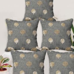 Blue Grass Grey & Gold-Toned 5 Pieces Floral Printed Velvet Square Cushion Covers-image-99
