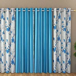 Galaxy Home Decor Blue & White 4 Pieces Floral Printed Long Door Curtain - 9 Feet-picture-39