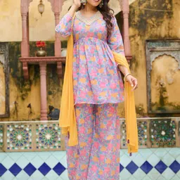 DISHWA FASHION Women Floral Printed Pure Cotton Kurta with Trousers & Dupatta-picture-16