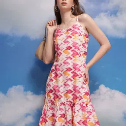 CORSICA Abstract Print Shoulder Straps Gathers A-Line Dress-9