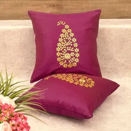 RoyalDeco Magenta And Gold-Toned 2 Pieces Floral Embroidered Silk Square Cushion Covers-image-71