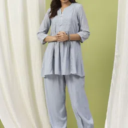 Nayam By Lakshita Striped Notch Neck Thread Work Pure Cotton Kurti With Salwar-2