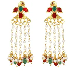 Stefan Gold-Plated Kundan Studded Pearls Beaded Peacock Shaped Drop Earrings-picture-45