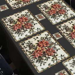 REVEXO 6Pc White & Red Printed Rectangle Costers & Table Placemats image 2