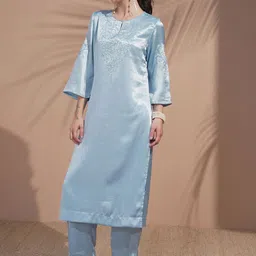Vishudh Floral Embroidered Regular Notch Neck Straight Kurta With Trousers-image-42