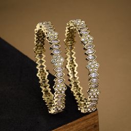 Atibelle Set of 2 Gold Plated Stone Studded floral shaped Textured Bangles-image-99