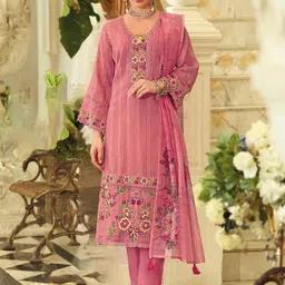 Varanga Geometric Printed Square Neck Thread Work Pure Cotton Kurta With Trouser & Dupatta-3