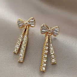 Anouk Korean Gold-Plated American Diamond Studded Bow Shaped Drop Earrings-27