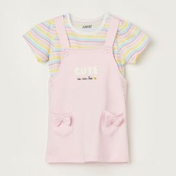 Juniors by Lifestyle Girls Printed Pure Cotton Dungaree With Striped T-Shirt-21