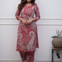 PHYSIL Paisley Printed Notch-Neck Pure Cotton Straight Kurta With Trousers-image-86