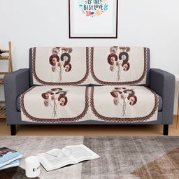 Aura Cream-Coloured & Brown 4 Pieces Floral Printed 2 Seater Velvet Sofa Covers-1