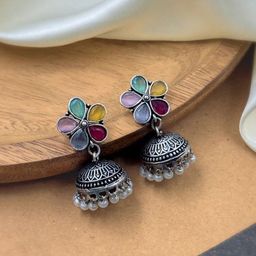 NAMAN ARTS Silver-Plated Artificial Stones Studded & Beaded Dome Shaped Oxidised Jhumkas-16