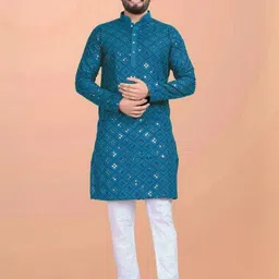 shreeram Men Embroidered Straight Kurta (Blue)-image-55