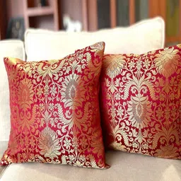 PILOVILO Maroon & Gold-Toned Set of 2 Ethnic Motifs Square Cushion Covers-34