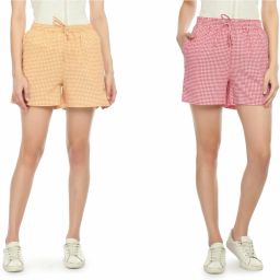 Pack of 2 Checkered Women Yellow, Red Regular Shorts-image-5