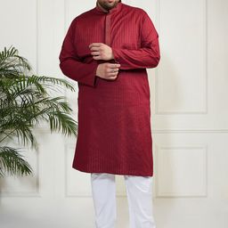 VASTRAMAY Plus Size Striped Mandarin Collar Pure Cotton Straight Kurta With Pyjamas-picture-2