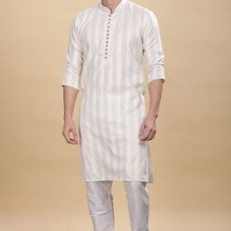 Anouk White Striped Mandarin Collar Cotton Straight Kurta-image-54
