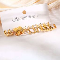 MEENAZ Set Of 6 Gold-Plated Contemporary Half Hoop Earrings-image-86