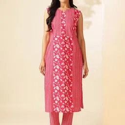 KALINI Floral Printed Notch Neck Sleeveless Pure Cotton Straight Kurta With Palazzos-image-29