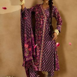 Anouk Floral Printed Angrakha Thread Work Pure Cotton Kurta with Trousers & With Dupatta-image-25