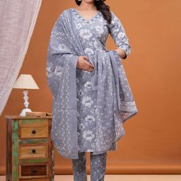 UNISETS Women Floral Printed Regular Kurta with Pyjamas & With Dupatta-picture-5