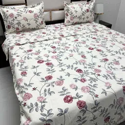 Pure Decor White & Pink Floral Polycotton 4 Piece Double King Fine Bedding Set-40