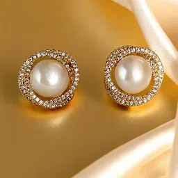 M55 Gold-Plated Zircon Studded & Pearls Beaded Spherical Shaped Studs-10