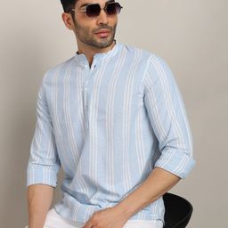 HERE&NOW Men Striped Woven Design Mandarine Collar Pure Cotton Kurta-image-72