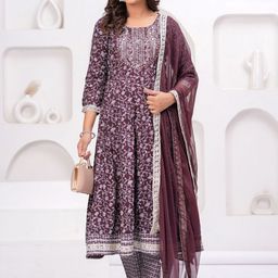 SINGNI Floral Printed Panelled Mirror Work A-Line Kurta With Trousers & Dupatta-7
