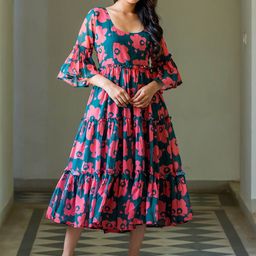 ASPORA Printed Fit & Flared Midi Ethnic Dress-image-50