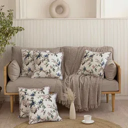 Clasiko White & Peach 5 Pieces Floral Printed Square Cotton Cushion Covers-53