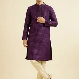 Manyavar Checked Embroidered Sequinned Mandarin Collar Straight Kurta With Trousers-image-18