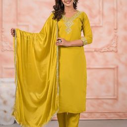 ODETTE Floral Yoke Design V-Neck Thread Work Straight Kurta With Trousers & Dupatta-picture-29