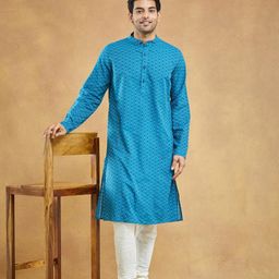 Fabindia Men Thread Work Mandarin Collar Kurta-image-64
