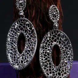 Sangria Silver-Plated Artificial Stone Studded Oval Shaped Oxidised Drop Earrings-9