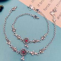 Sangria Set Of 2 Silver-Plated Stone Studded & Beaded Anklets-28