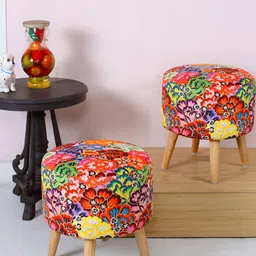Shadowkart 2 Pieces Red & Pink Printed Wooden Pouffes Ottomans-18