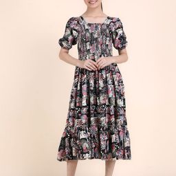 PTVIZE Girls Cotton Printed Square Neck Puff Sleeve Fit & Flare Midi Dress-image-58