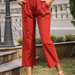 StyleCast Women Cherry Red Straight Fit Pleated High-Rise Trousers-image-37
