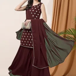 PARROT CREATION Geometric Embroidered Sequinned Georgette Kurti with Sharara And Dupatta-picture-19