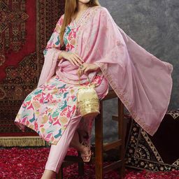 GoSriKi Floral Printed Sequinned Straight Kurta With Trousers & Dupatta-picture-2