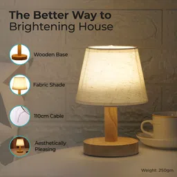 The Better Home Brown Wooden Base & Fabric Shade Dimmable Table Lamp image 5