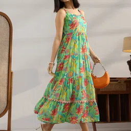 Libas Women Floral Printed Round Neck Sleeveless Tiered Fit & Flare Midi Dress-picture-1