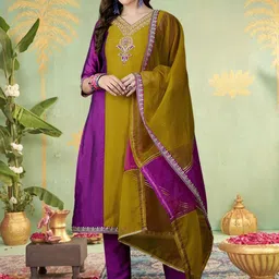 Sangria Floral Embroidered Sequinned Work V-Neck Straight Kurta With Trouser & Duputta-picture-11