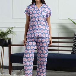 House of Comfort Women Floral Printed Shirt Collar shirt& pyjama Night suit-image-76