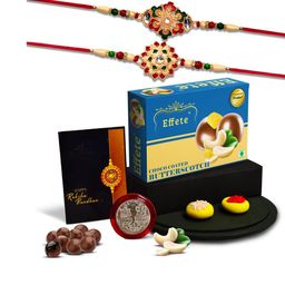 DeoDap 4 Pieces Beaded Rakhi Gift Set With Chocolate Roli Chawal Greeting Card And Coin-25