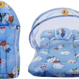 New Born Baby Cat Print Mattress with Mosquito Net & Sleeping Bag Combo (0-6 Months) Baby Bed Printed Blue-4