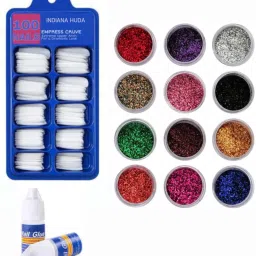 100 Pcs Reusable Acrylic False Nails With Nail Glue & 12 Pcs Eye Glitter Multicolor-41