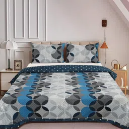 DREAM WEAVERZ Grey & Blue Printed Bed Cover With 2 Pillow-image-38